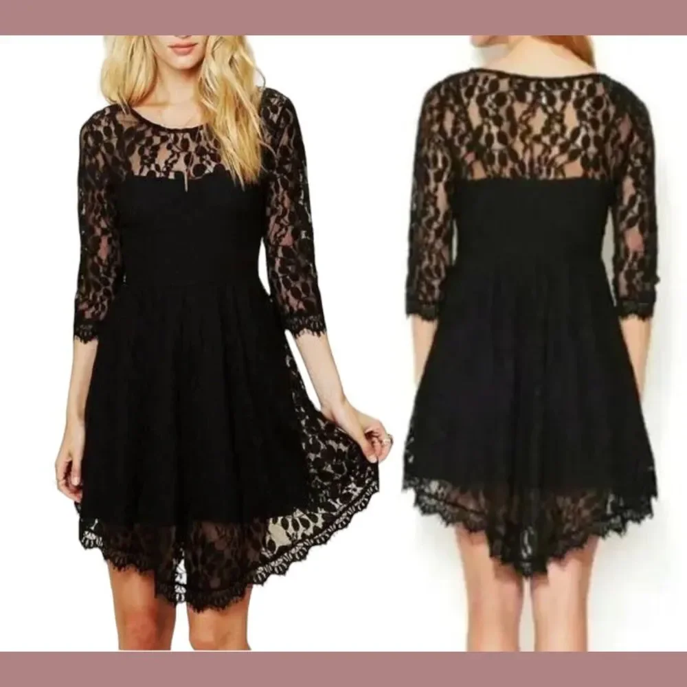 NEW $128 Free People [ 4 ] Skater‎ Floral Mesh Lace Dress in Black #u1184